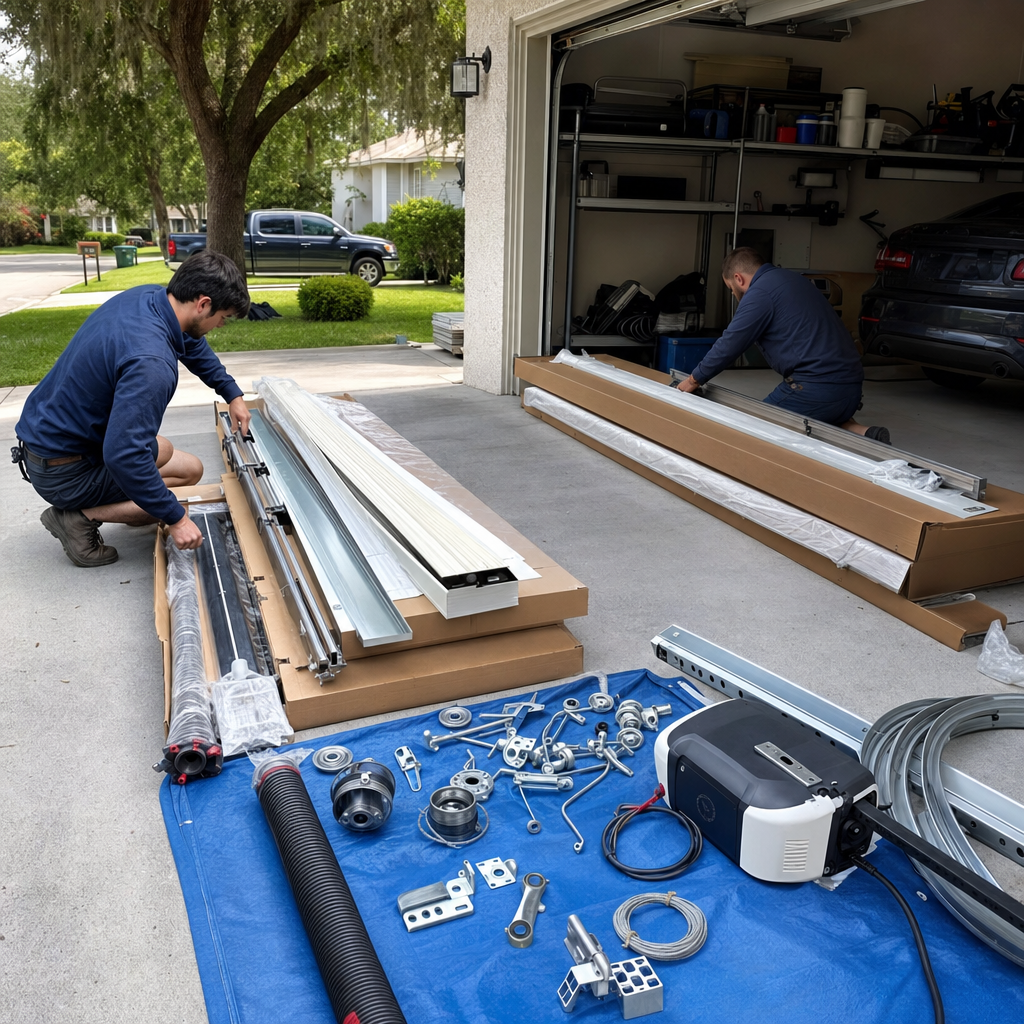 Garage door installer laying out parts for new garage door installation