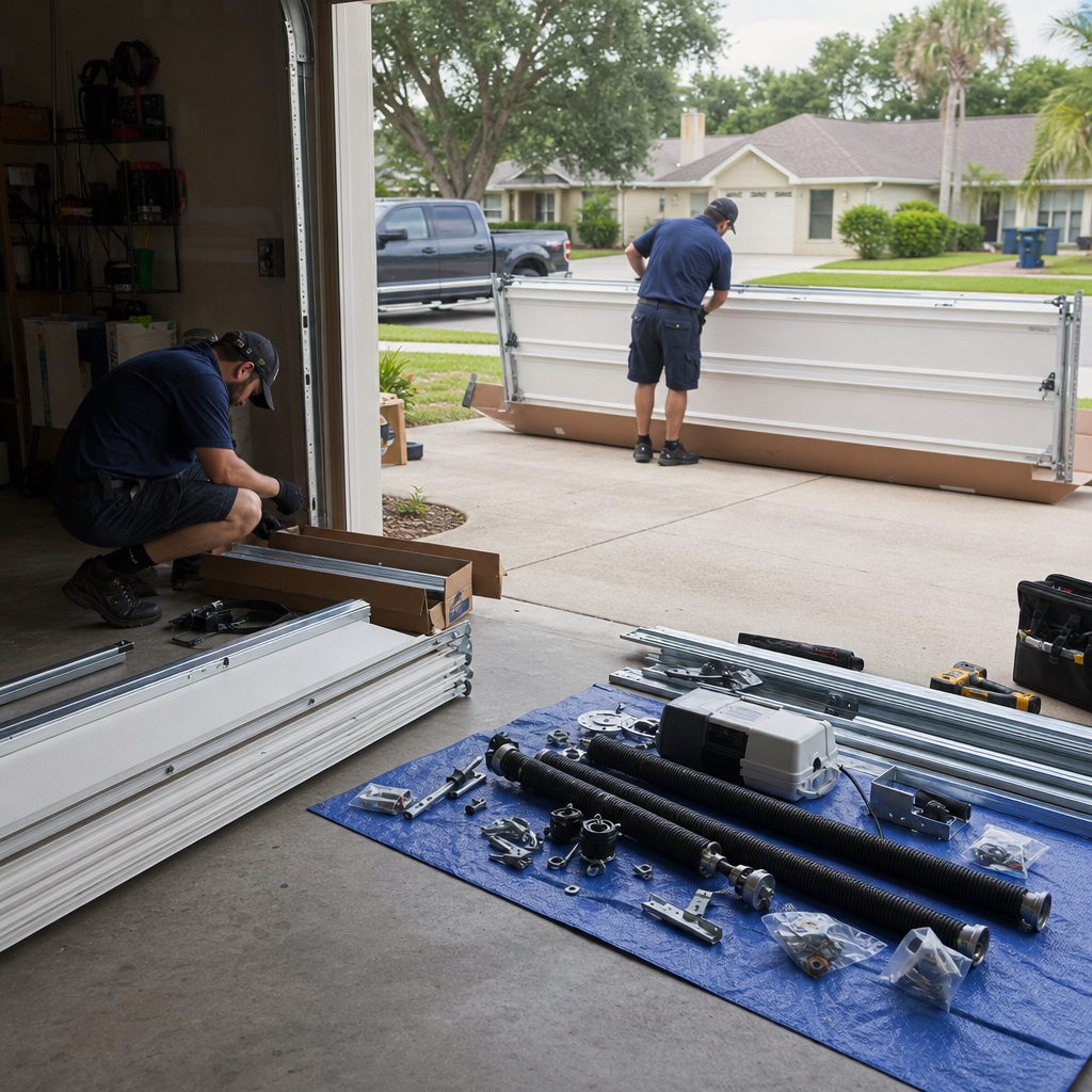Garage door installation in progress by professional technicians.