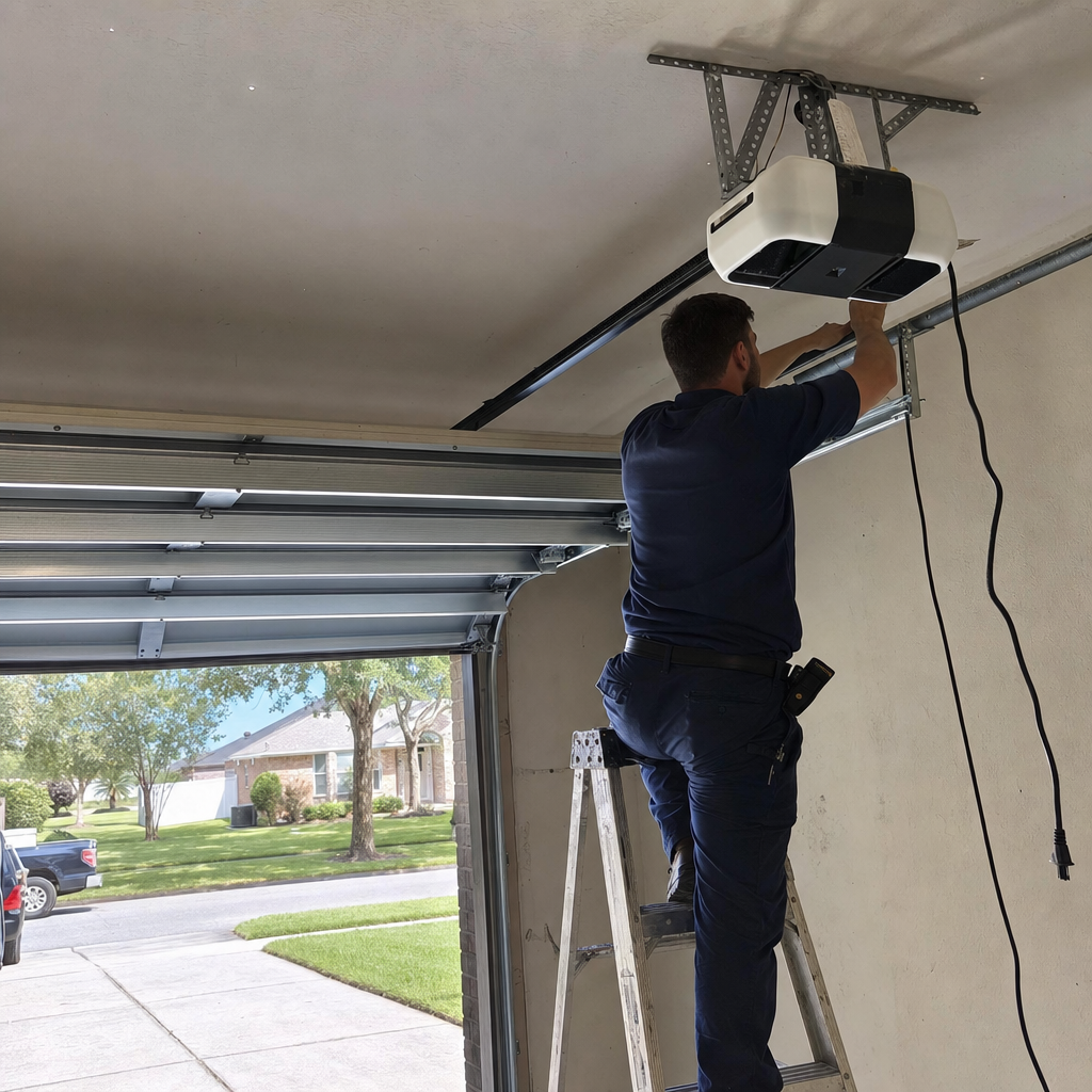Technician installing garage door opener