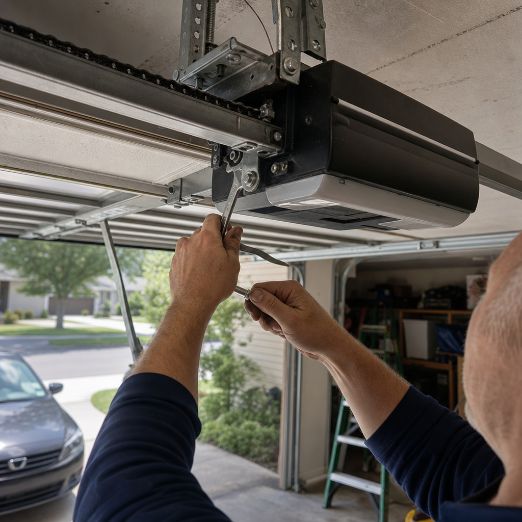 Technician repairs garage door opener mechanism with wrench