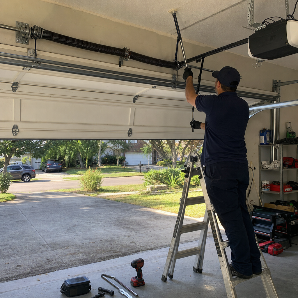 Garage door repair technician working on spring system