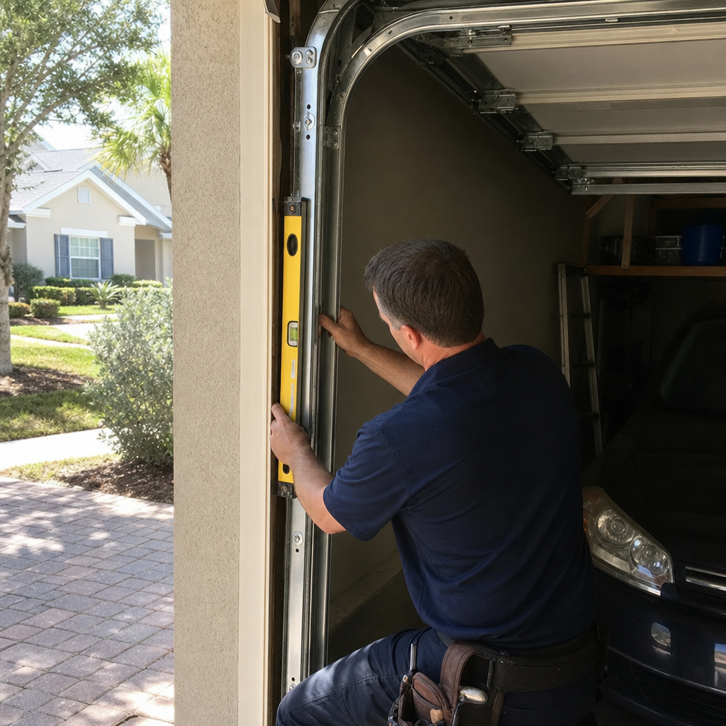 Technician uses level for garage door repair