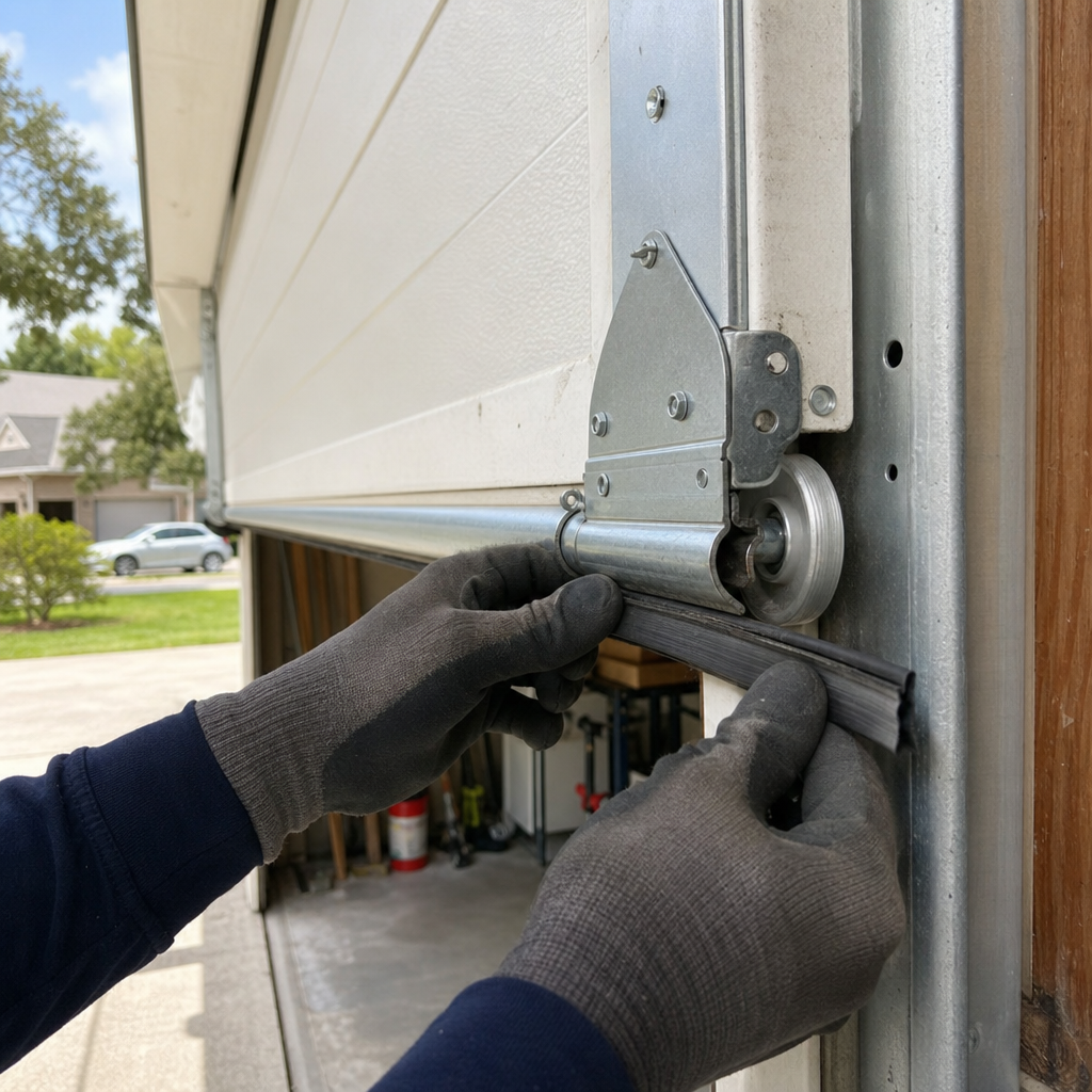 Technician installing garage door weather stripping in Jacksonville, FL