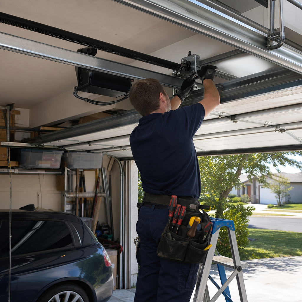 Emergency garage door repair technician working on opener system in Jacksonville, FL