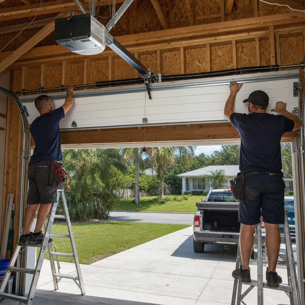 Garage door installation professionals working on a garage door