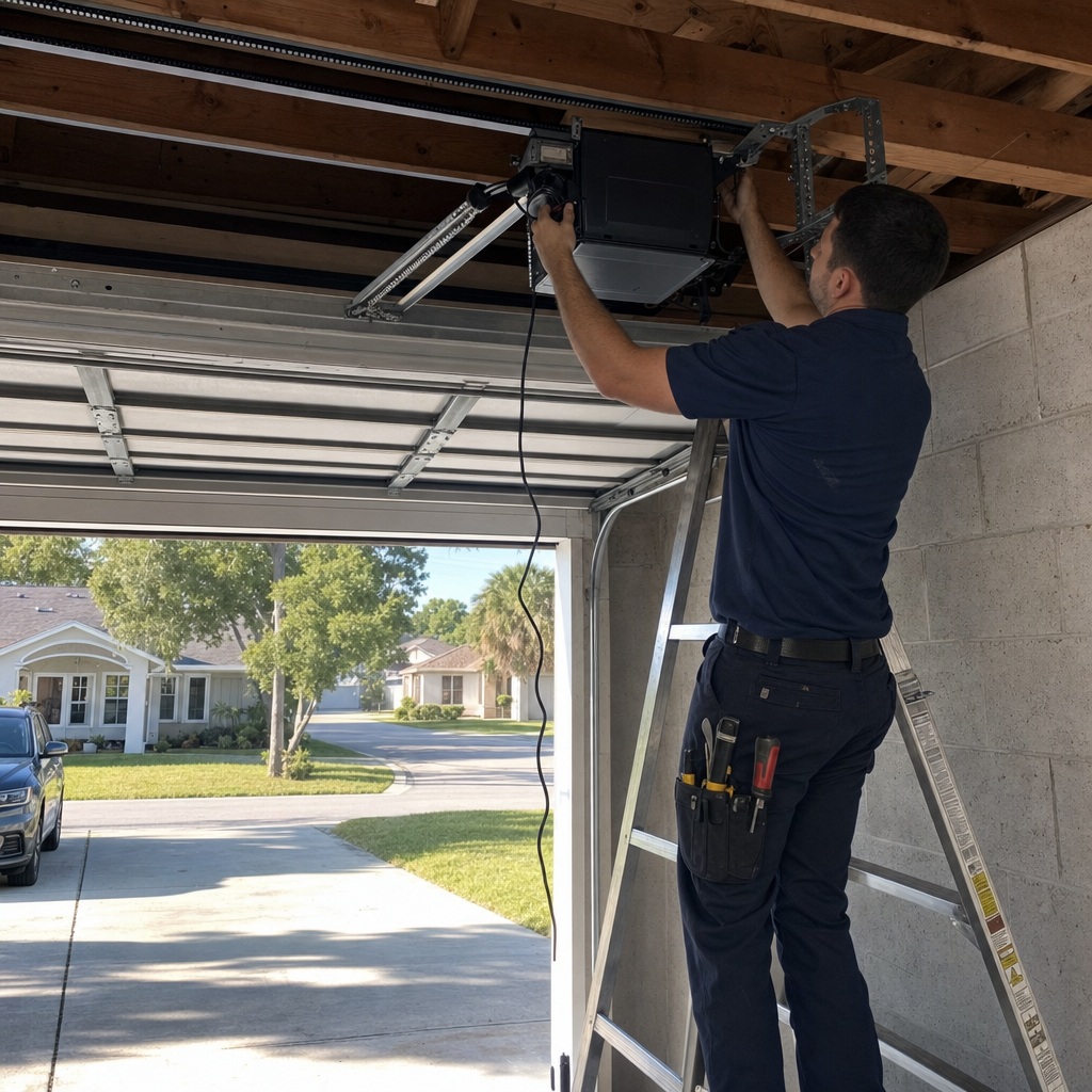 Technician installing garage door opener on ceiling