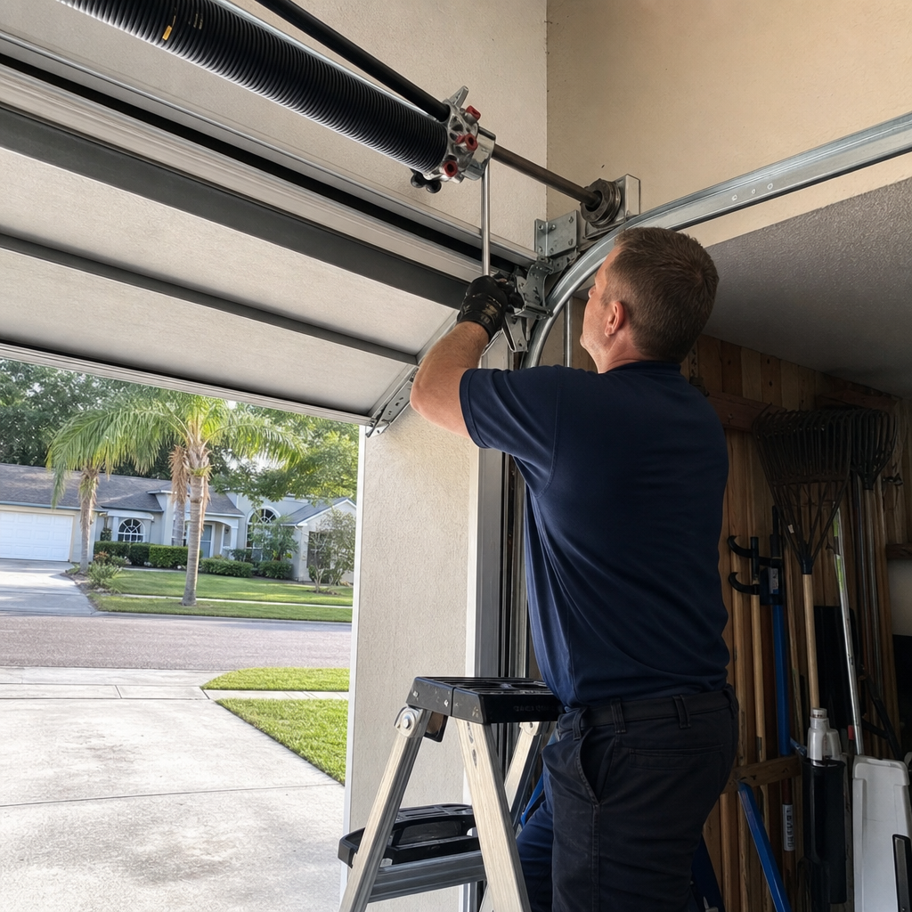 Garage door technician installing spring system
