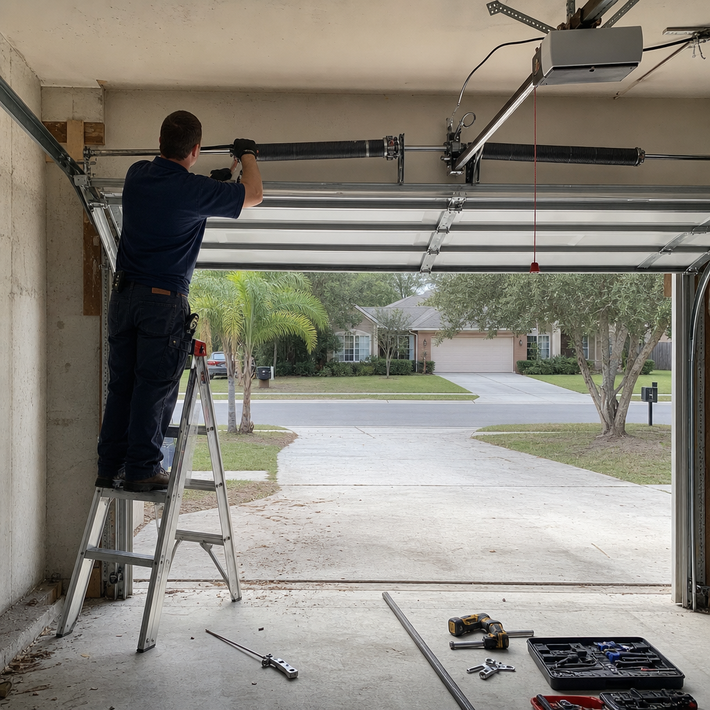 Professional installing garage door parts on springs in Jacksonville, FL