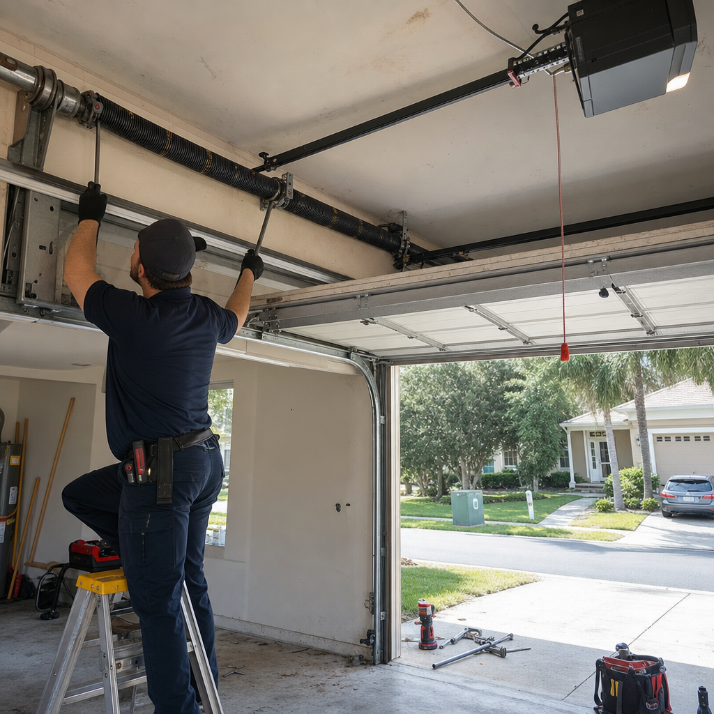 Technician repairing a garage door torsion spring